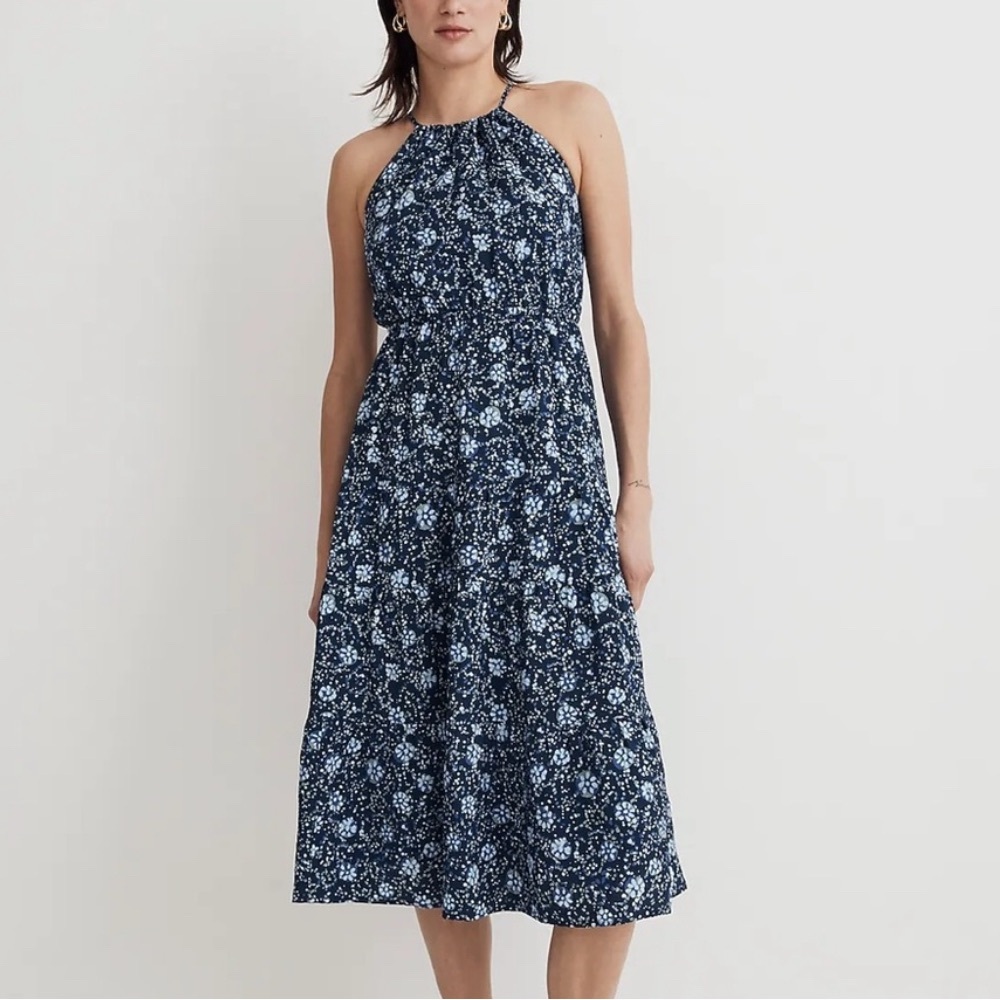 Madewell Blue Cross-Back Halter Midi Dress in Vineyard Medallion Women’s Sz Med